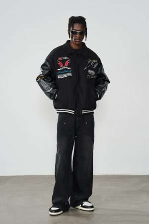Color-Blocked Embroidered Racing Sports Jacket - Casual Street Style, Loose Fit, Towel Fabric, Trendy Urban Fashion