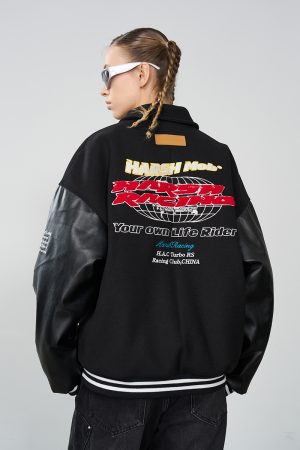 Color-Blocked Embroidered Racing Sports Jacket - Casual Street Style, Loose Fit, Towel Fabric, Trendy Urban Fashion