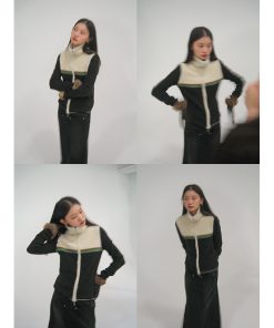 Color-Blocked High-Neck Zip-Up Knitted Cardigan in Mixed Plush Materials â€“ Cozy Y2K Style Layering Essential