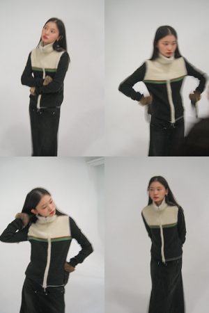 Color-Blocked High-Neck Zip-Up Knitted Cardigan in Mixed Plush Materials â€“ Cozy Y2K Style Layering Essential