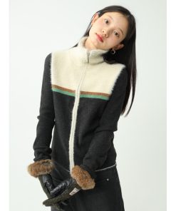 Color-Blocked High-Neck Zip-Up Knitted Cardigan in Mixed Plush Materials â€“ Cozy Y2K Style Layering Essential