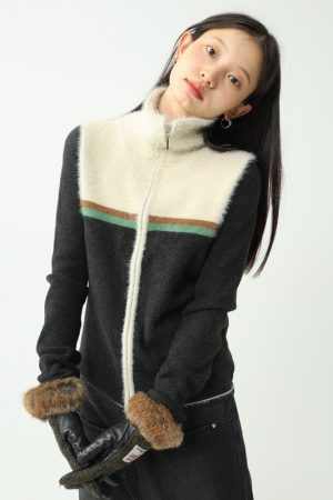 Color-Blocked High-Neck Zip-Up Knitted Cardigan in Mixed Plush Materials â€“ Cozy Y2K Style Layering Essential