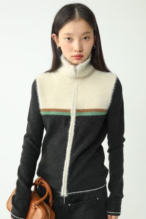 Color-Blocked High-Neck Zip-Up Knitted Cardigan in Mixed Plush Materials â€“ Cozy Y2K Style Layering Essential