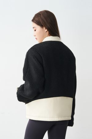 Color-Blocked Lamb Wool & PU Leather Minimalist Embroidered Short Warm Lapel Jacket for Chic Fall Style