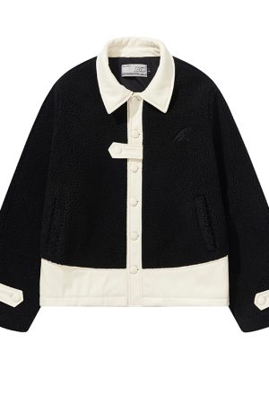 Color-Blocked Lamb Wool & PU Leather Minimalist Embroidered Short Warm Lapel Jacket for Chic Fall Style