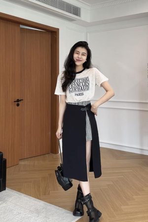 Color-Blocked Letter Print Short Sleeve Top & Faux Two-Piece Half Skirt Pants Fashion Set for Stylish Outfits