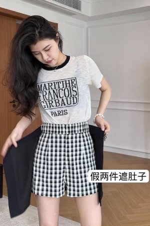 Color-Blocked Letter Print Short Sleeve Top & Faux Two-Piece Half Skirt Pants Fashion Set for Stylish Outfits