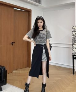 Color-Blocked Letter Print Short Sleeve Top & Faux Two-Piece Half Skirt Pants Fashion Set for Stylish Outfits