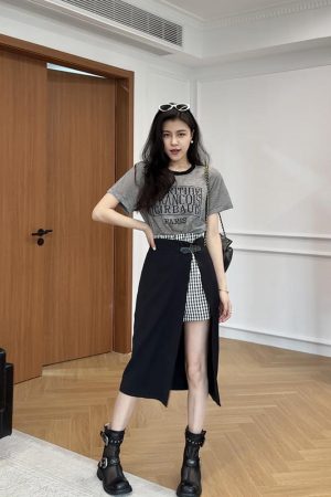 Color-Blocked Letter Print Short Sleeve Top & Faux Two-Piece Half Skirt Pants Fashion Set for Stylish Outfits