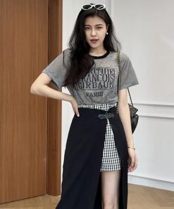 Color-Blocked Letter Print Short Sleeve Top & Faux Two-Piece Half Skirt Pants Fashion Set for Stylish Outfits