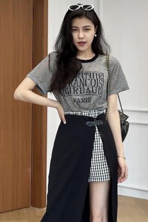 Color-Blocked Letter Print Short Sleeve Top & Faux Two-Piece Half Skirt Pants Fashion Set for Stylish Outfits