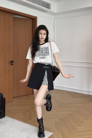 Color-Blocked Letter Print Short Sleeve Top & Faux Two-Piece Half Skirt Pants Fashion Set for Stylish Outfits