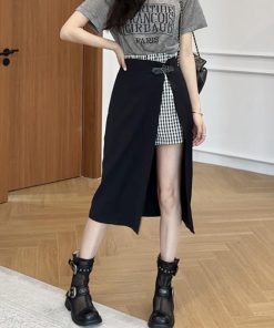 Color-Blocked Letter Print Short Sleeve Top & Faux Two-Piece Half Skirt Pants Fashion Set for Stylish Outfits