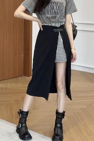 Color-Blocked Letter Print Short Sleeve Top & Faux Two-Piece Half Skirt Pants Fashion Set for Stylish Outfits