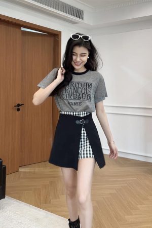 Color-Blocked Letter Print Short Sleeve Top & Faux Two-Piece Half Skirt Pants Fashion Set for Stylish Outfits