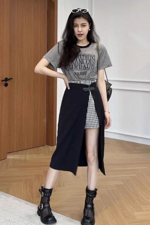 Color-Blocked Letter Print Short Sleeve Top & Faux Two-Piece Half Skirt Pants Fashion Set for Stylish Outfits