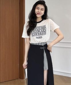 Color-Blocked Letter Print Short Sleeve Top & Faux Two-Piece Half Skirt Pants Fashion Set for Stylish Outfits
