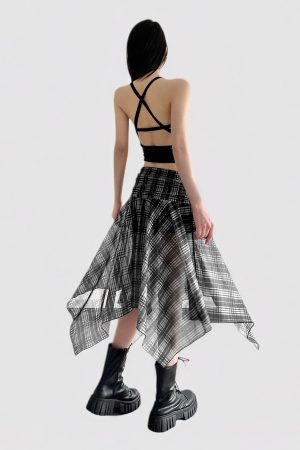 Color-Blocked Plaid Irregular Hem Skirt - American Retro Summer College Style Low-Waist Mesh Mid-Length Skirt for Women