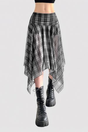 Color-Blocked Plaid Irregular Hem Skirt - American Retro Summer College Style Low-Waist Mesh Mid-Length Skirt for Women