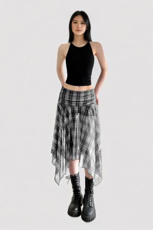 Color-Blocked Plaid Irregular Hem Skirt - American Retro Summer College Style Low-Waist Mesh Mid-Length Skirt for Women