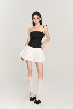 Color-Blocked Pleated Cami Dress for Women - Slim Fit Short Skirt, Lace-Up Detail, Trendy Summer Fashion, Y2K Style