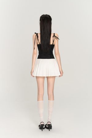 Color-Blocked Pleated Cami Dress for Women - Slim Fit Short Skirt, Lace-Up Detail, Trendy Summer Fashion, Y2K Style