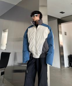 Color-Blocked Retro Stand Collar Puffer Jacket for Men and Women - Thickened Loose Casual Winter Coat