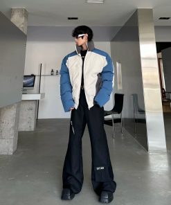 Color-Blocked Retro Stand Collar Puffer Jacket for Men and Women - Thickened Loose Casual Winter Coat