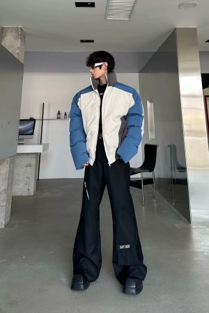 Color-Blocked Retro Stand Collar Puffer Jacket for Men and Women - Thickened Loose Casual Winter Coat