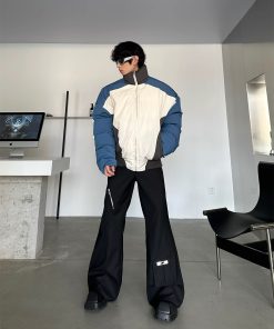 Color-Blocked Retro Stand Collar Puffer Jacket for Men and Women - Thickened Loose Casual Winter Coat