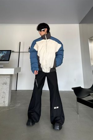 Color-Blocked Retro Stand Collar Puffer Jacket for Men and Women - Thickened Loose Casual Winter Coat
