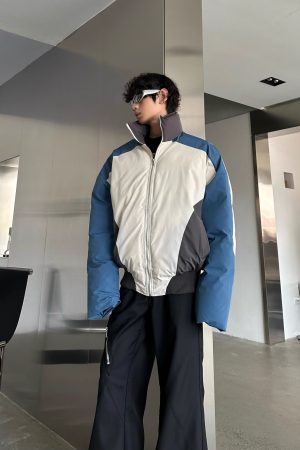 Color-Blocked Retro Stand Collar Puffer Jacket for Men and Women - Thickened Loose Casual Winter Coat