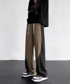 Color-Blocked Spliced Curved Knife Sweatpants for Men - Trendy Loose Wide-Leg Casual Pants for Spring and Autumn