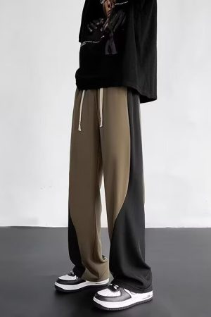 Color-Blocked Spliced Curved Knife Sweatpants for Men - Trendy Loose Wide-Leg Casual Pants for Spring and Autumn