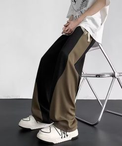Color-Blocked Spliced Curved Knife Sweatpants for Men - Trendy Loose Wide-Leg Casual Pants for Spring and Autumn