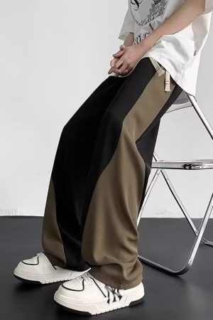 Color-Blocked Spliced Curved Knife Sweatpants for Men - Trendy Loose Wide-Leg Casual Pants for Spring and Autumn