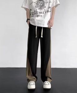 Color-Blocked Spliced Curved Knife Sweatpants for Men - Trendy Loose Wide-Leg Casual Pants for Spring and Autumn