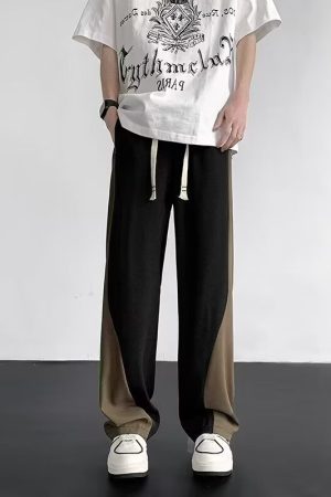 Color-Blocked Spliced Curved Knife Sweatpants for Men - Trendy Loose Wide-Leg Casual Pants for Spring and Autumn