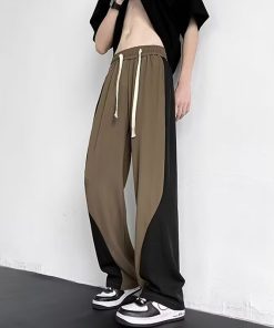 Color-Blocked Spliced Curved Knife Sweatpants for Men - Trendy Loose Wide-Leg Casual Pants for Spring and Autumn