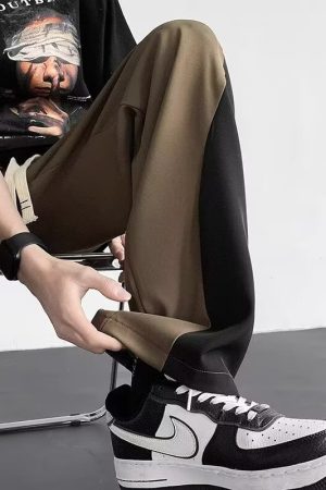 Color-Blocked Spliced Curved Knife Sweatpants for Men - Trendy Loose Wide-Leg Casual Pants for Spring and Autumn