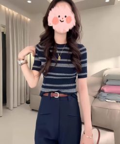 Color-Blocked Striped Hollow-Out Thin Knit Top for Women - European Style Round Neck Short Sleeve T-Shirt - Summer 2025 Fashion
