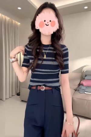 Color-Blocked Striped Hollow-Out Thin Knit Top for Women - European Style Round Neck Short Sleeve T-Shirt - Summer 2025 Fashion
