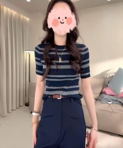 Color-Blocked Striped Hollow-Out Thin Knit Top for Women - European Style Round Neck Short Sleeve T-Shirt - Summer 2025 Fashion