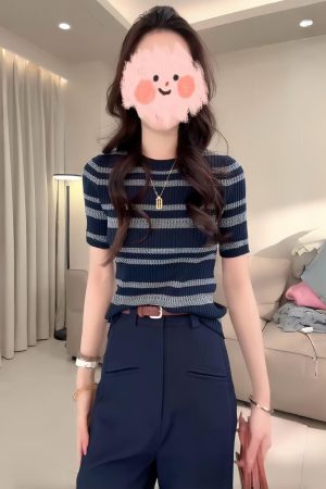Color-Blocked Striped Hollow-Out Thin Knit Top for Women - European Style Round Neck Short Sleeve T-Shirt - Summer 2025 Fashion