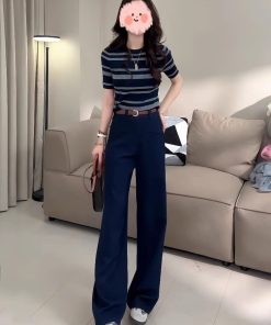 Color-Blocked Striped Hollow-Out Thin Knit Top for Women - European Style Round Neck Short Sleeve T-Shirt - Summer 2025 Fashion