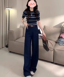 Color-Blocked Striped Hollow-Out Thin Knit Top for Women - European Style Round Neck Short Sleeve T-Shirt - Summer 2025 Fashion