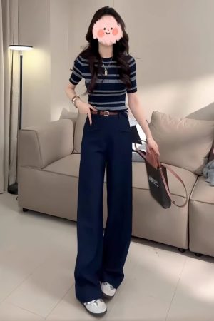 Color-Blocked Striped Hollow-Out Thin Knit Top for Women - European Style Round Neck Short Sleeve T-Shirt - Summer 2025 Fashion