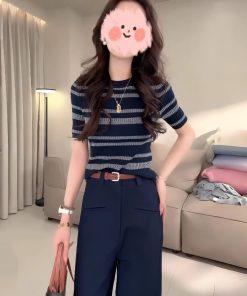 Color-Blocked Striped Hollow-Out Thin Knit Top for Women - European Style Round Neck Short Sleeve T-Shirt - Summer 2025 Fashion