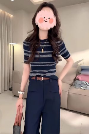 Color-Blocked Striped Hollow-Out Thin Knit Top for Women - European Style Round Neck Short Sleeve T-Shirt - Summer 2025 Fashion