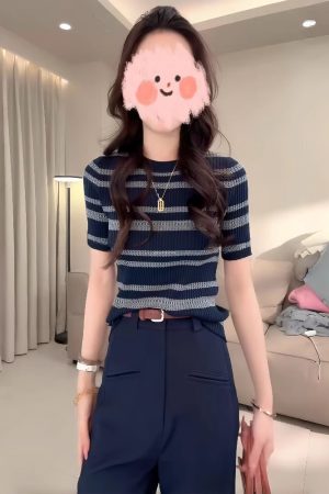 Color-Blocked Striped Hollow-Out Thin Knit Top for Women - European Style Round Neck Short Sleeve T-Shirt - Summer 2025 Fashion